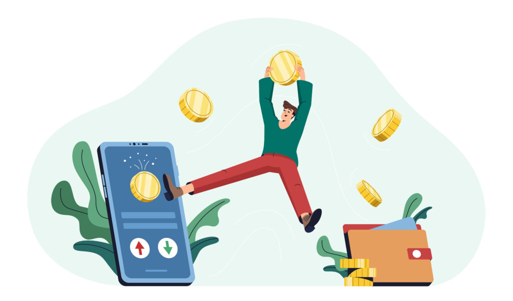 Graphic art of man holding coins, smart phone, and wallet