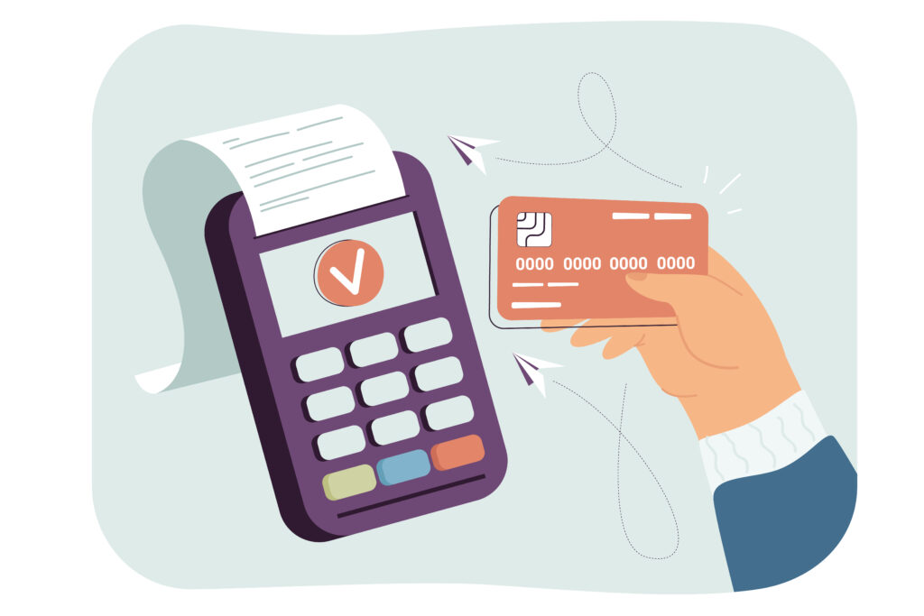 Graphic of credit card terminal and hand making a payment with a red credit card