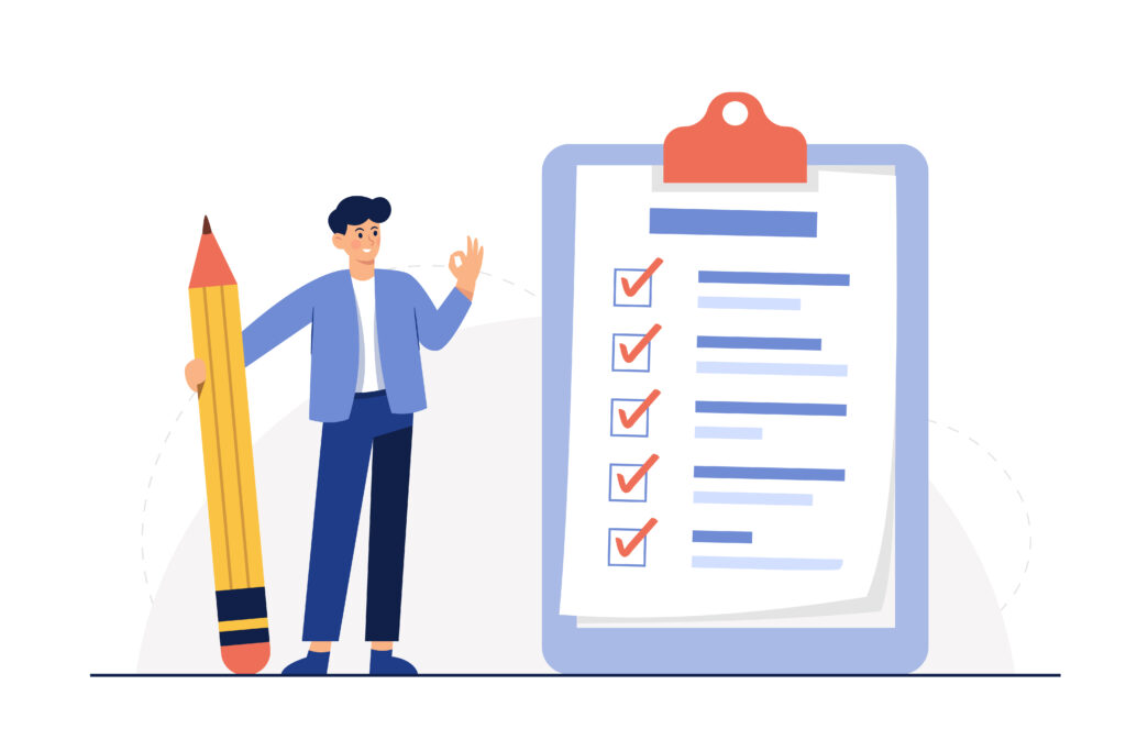 Graphic art of man holding a large pencil and filling checklist on clipboard.