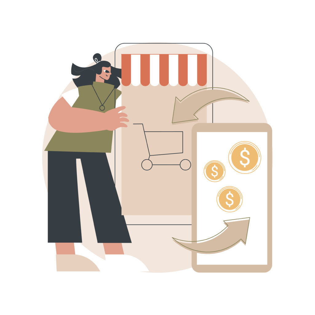 Graphic of woman holding a cell phone and cell phone with coins