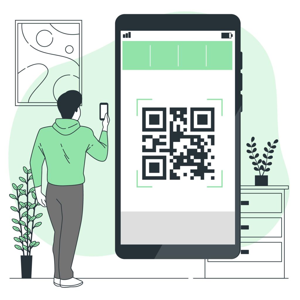 Graphic imagine of person scanning a QR Code on a large cell phone with his cell phone. 
