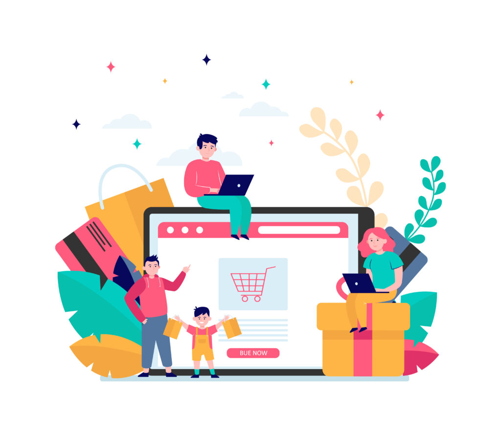 Happy people shopping online. Basket, tablet, customer flat vector illustration. E-commerce and digital technology concept for banner, website design or landing web page