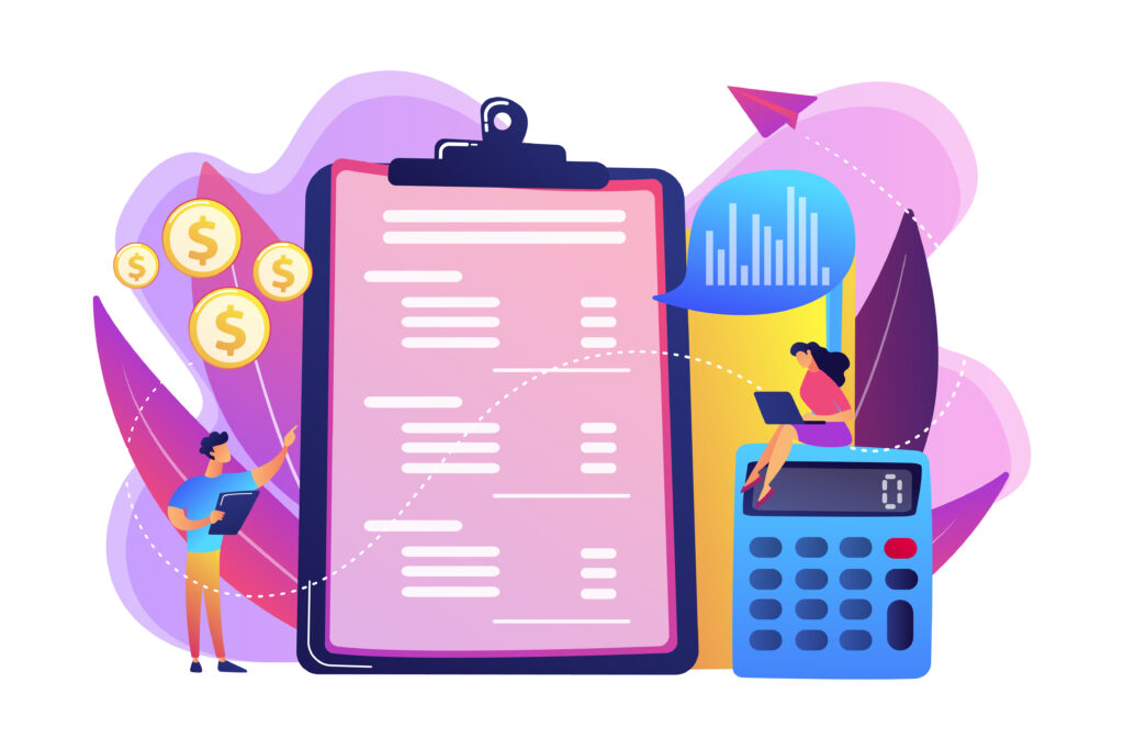 Financial analysts doing income statement with calculator and laptop. Income statement, company financial statement, balance sheet concept. Bright vibrant violet vector isolated illustration