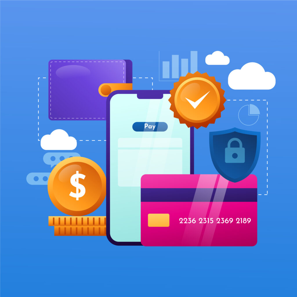 Vector image of digital wallet, phone, credit card, wallet. 
