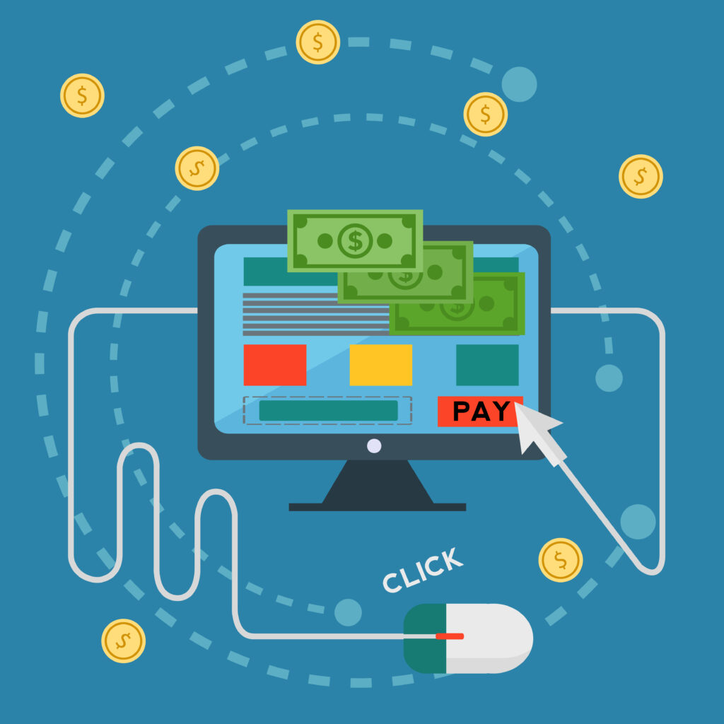 Graphic image of pay per click, online banking, and money transfer. 