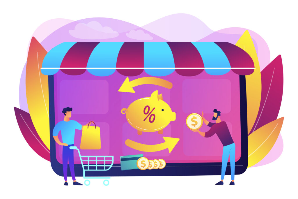 Vector image of cost saving, online payment, money transfer with two guys